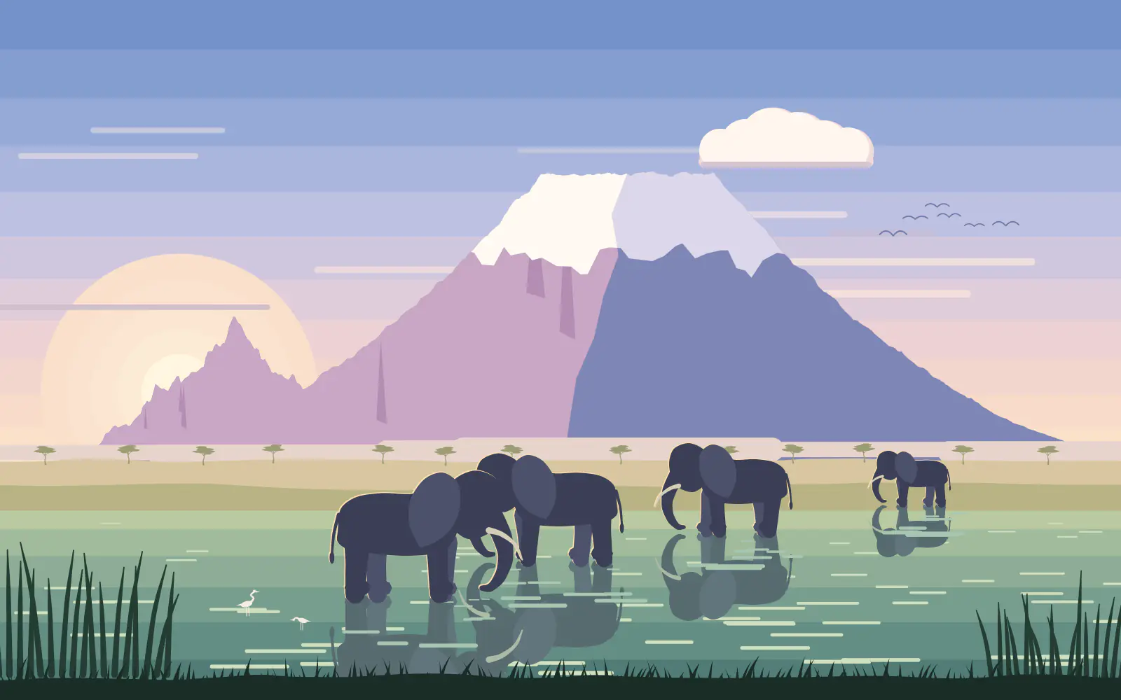 Illustration of elephants wading through the Amboseli swamp, their reflections in green water, beneath the snow-capped dome of Kilimanjaro in soft morning light.