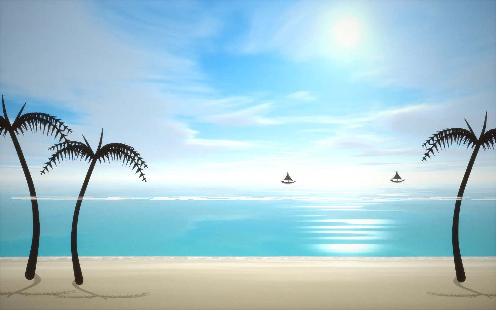 Illustration of a white-sand beach lined with coconut palms on a bright day, turquoise water stepping out to a foaming reef and small dhows sailing on the horizon.