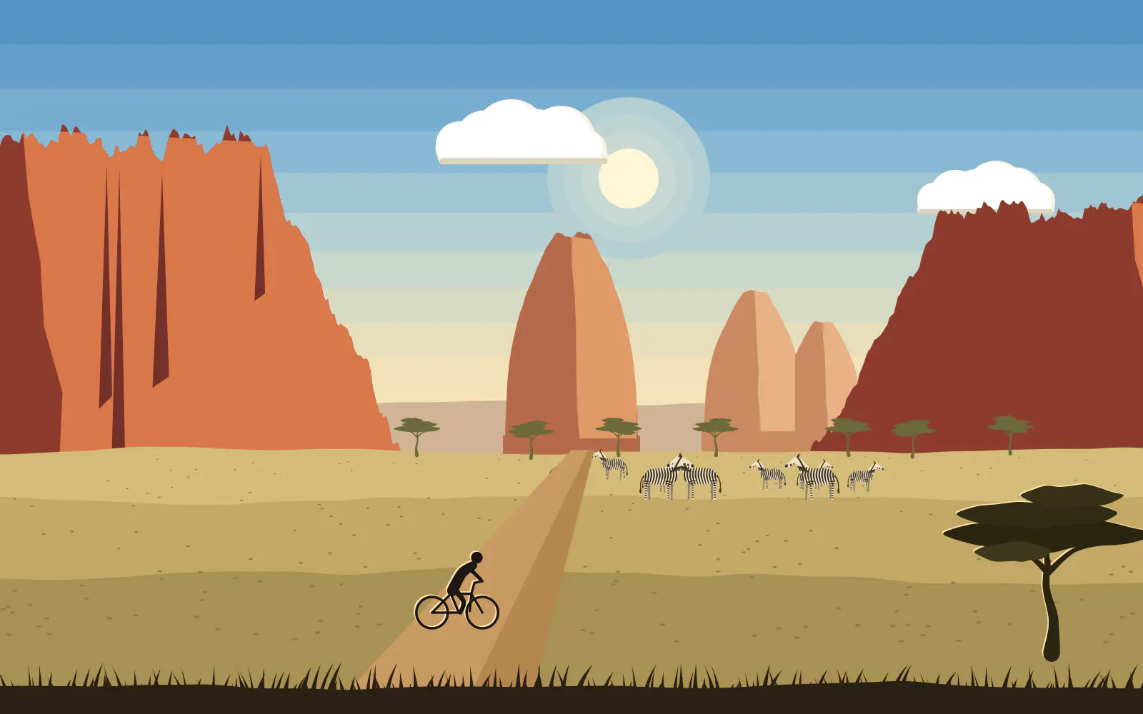 Illustration of towering red sandstone cliffs and a rock tower above open grass plains, a lone cyclist on a dirt track and a few zebra grazing in the distance.