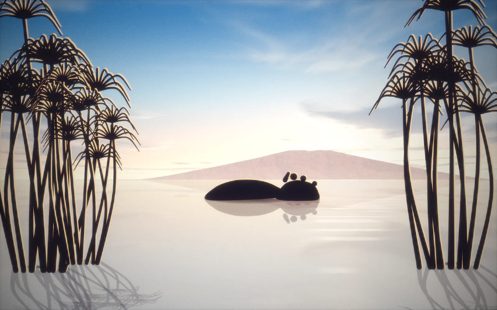 Illustration of a misty dawn on Lake Naivasha: papyrus clumps, a hippo with ripples in the water, a fish eagle perched on a dead branch and a flat-topped volcano behind.