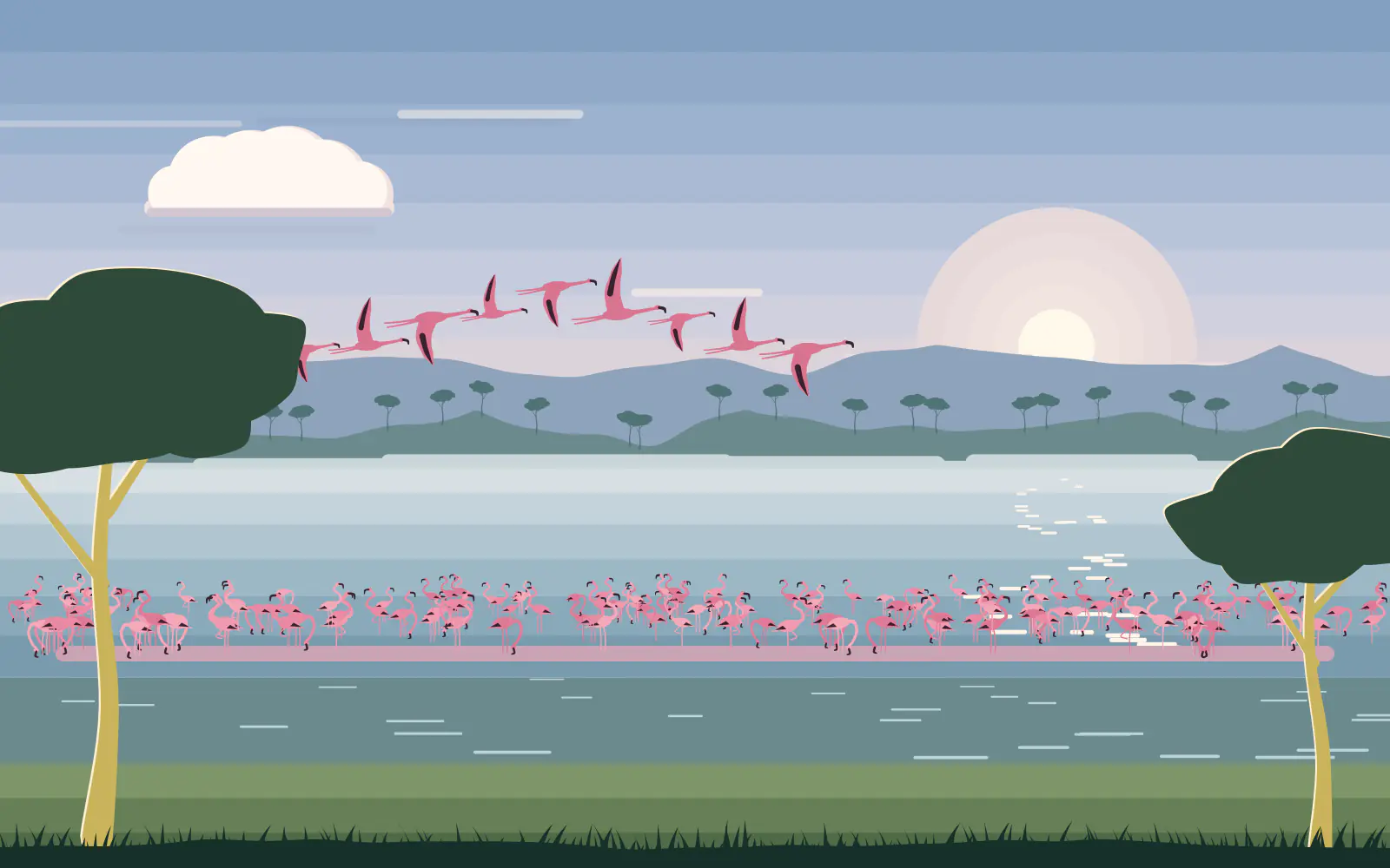 Illustration of a long band of pink flamingos along the shore of a pale lake, more flamingos in flight, a forested escarpment behind and fever trees in the foreground.