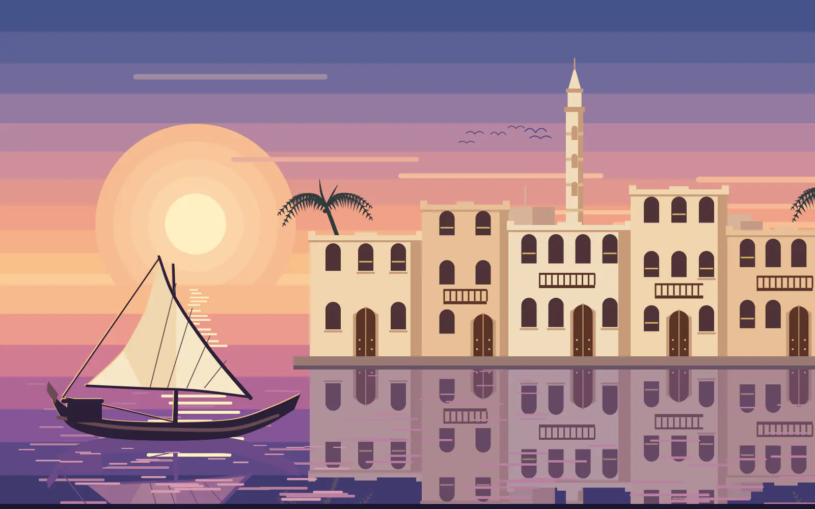Illustration of the Lamu waterfront at sunset: cream coral-stone houses with arched windows, carved doors and a minaret, and a lateen-sailed dhow on glowing water.
