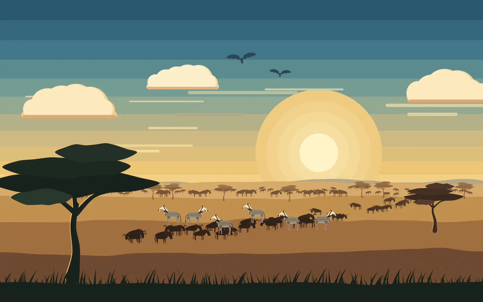 Illustration of the Maasai Mara at golden hour: long columns of wildebeest crossing open plains beneath a large low sun, with a flat-topped acacia in the foreground.
