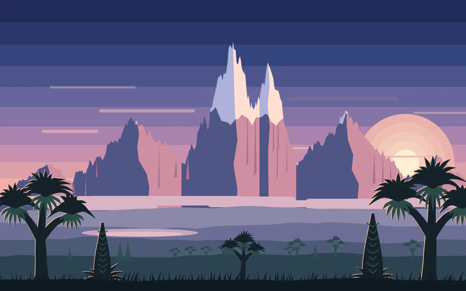 Illustration of the jagged twin peaks of Mount Kenya glowing pink at dawn above misty moorland, with giant lobelia plants in silhouette in the foreground.