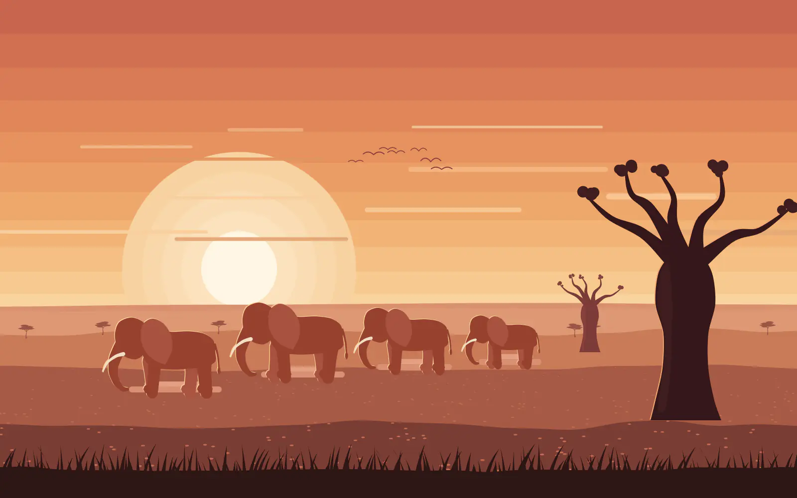 Illustration of a line of red-dusted elephants crossing flat terracotta plains beneath a pale sun, with a large baobab tree silhouetted on the right.