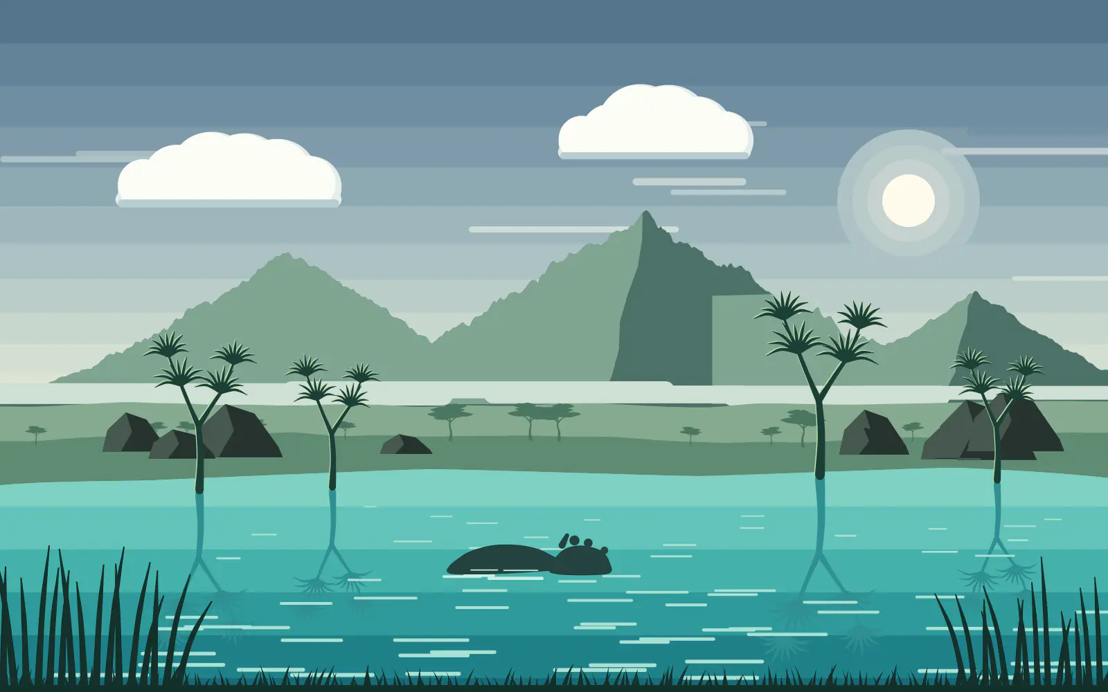 Illustration of green volcanic cones and dark rocky outcrops above a clear turquoise spring pool fringed with doum palms and reeds, a hippo resting in the water.