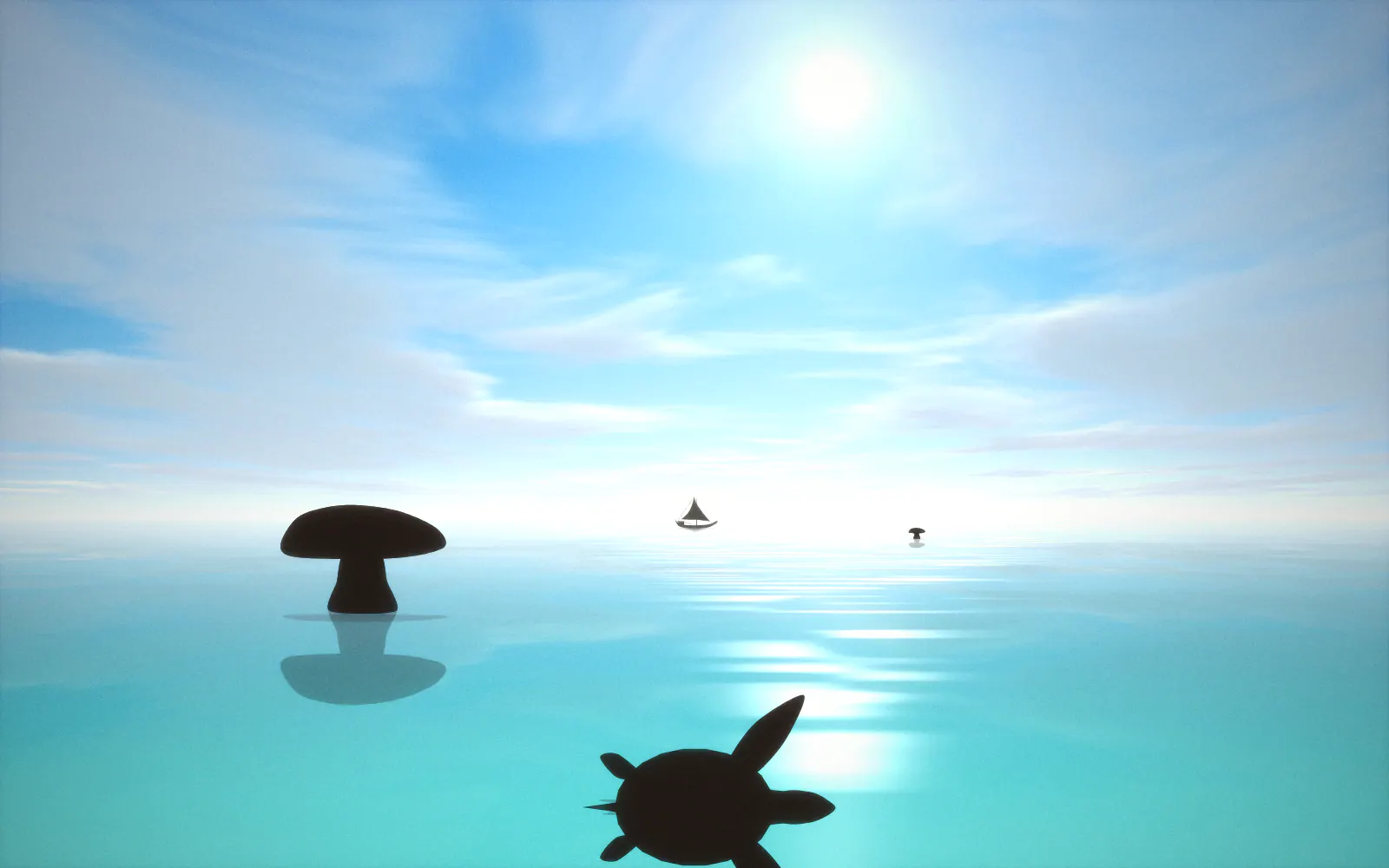 Illustration of a turquoise lagoon with mushroom-shaped coral rocks, a green sea turtle swimming in the clear shallows seen from above, small fish and a dhow on the horizon.