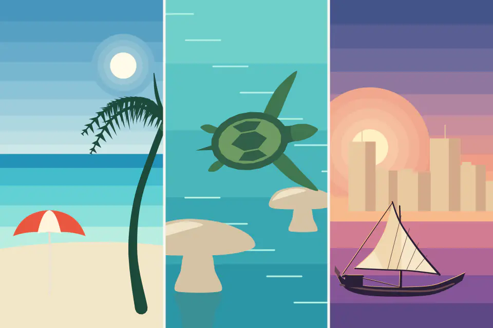 Illustration of three vertical panels: a white beach with an umbrella and palm, a turquoise lagoon with a turtle and coral rocks, and a sunset dhow beside old coral-stone houses.