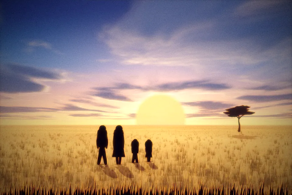 Illustration of two adults and two children in silhouette walking side by side across the savanna at sunset, with an acacia and a large golden sun.