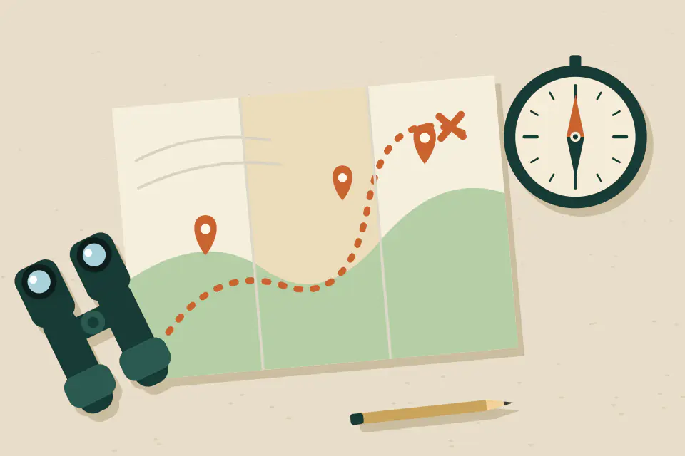 Illustration of a folded map with a dotted route and orange pins, a compass, a pair of binoculars and a pencil laid out flat on a sand-coloured table.