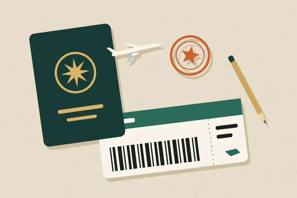 Illustration of a green passport, a boarding pass, a round entry stamp, a small aeroplane and a pen laid out on a sand-coloured table.