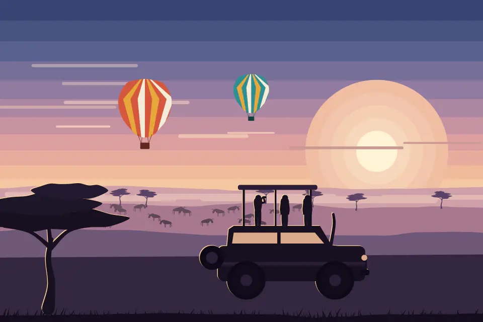 Illustration of two hot-air balloons over the Mara plains at dawn, a herd of wildebeest and a safari vehicle in silhouette under a pink sky.