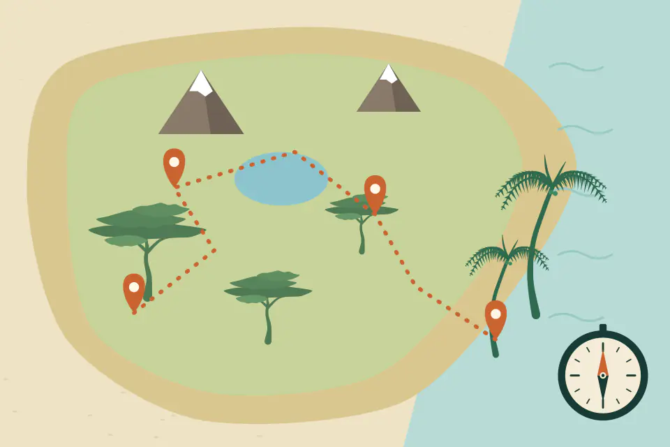 Illustration of a simplified, unlabelled map with a dotted route linking orange pins across mountains, a lake, savanna trees and a palm-lined coast, with a compass in the corner.
