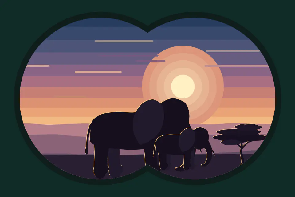 Illustration of a binocular view showing two elephants and an acacia on the savanna at golden hour, framed by two dark round lenses.