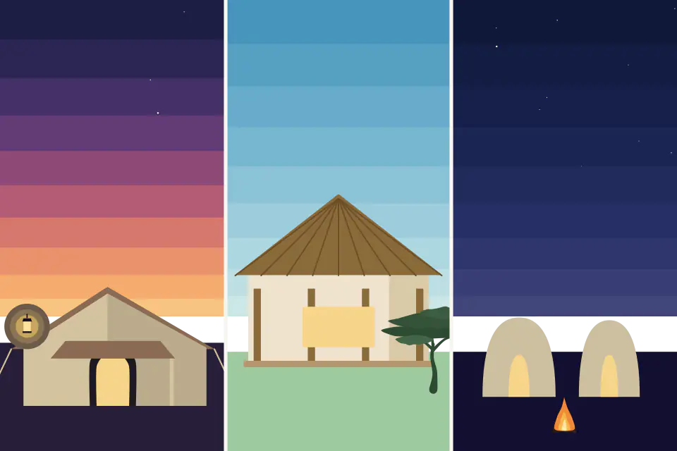 Illustration of three panels: a safari tent glowing at dusk, a thatched-roof lodge in daylight, and two small dome tents with a campfire under the stars.