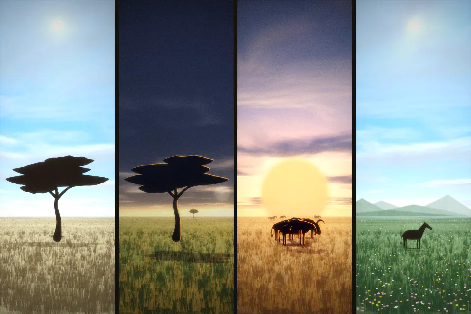 Illustration of four vertical panels: a bright sun over dry plains, rain falling from dark clouds on green land, wildebeest crossing at sunset, and flowers with a zebra on green hills.