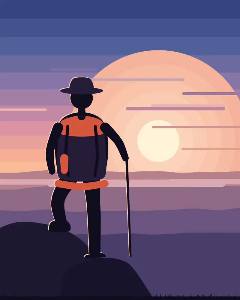 Illustration of a traveller seen from behind with a backpack, hat and walking pole, one foot raised on a rock, looking over layered hills towards a setting sun.
