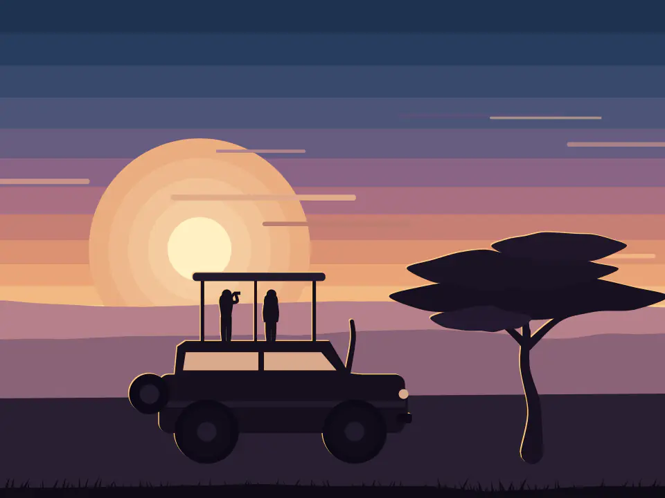 Illustration of a safari vehicle with two passengers in silhouette beside a wide acacia on the plain at golden hour.