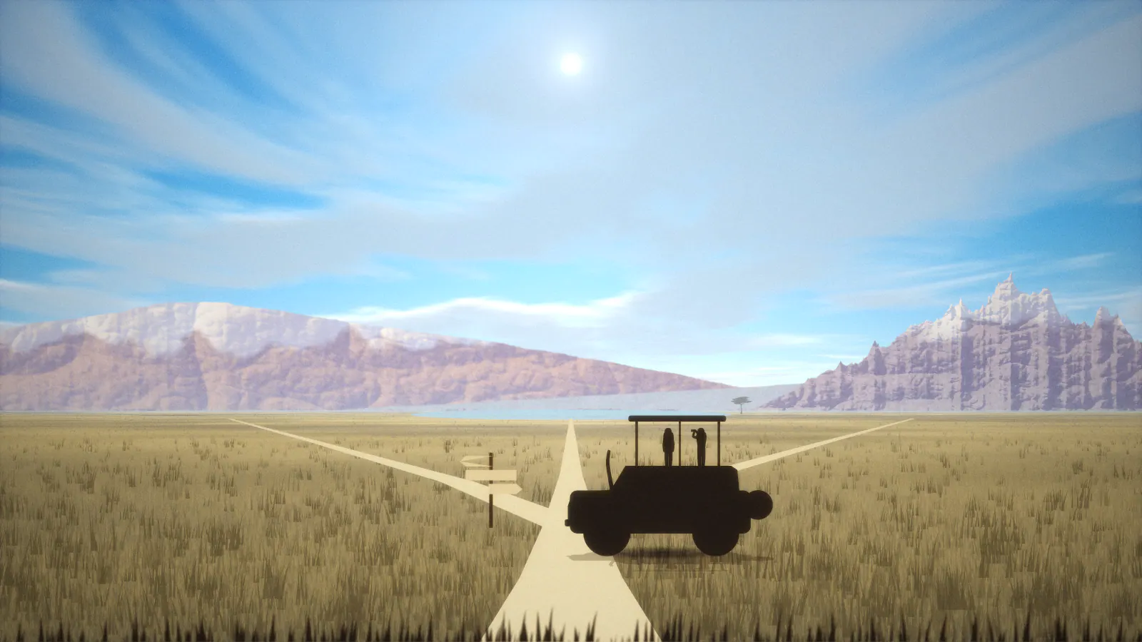Illustration of a track forking in three directions beneath blank signposts, with Kilimanjaro, a lake and Mount Kenya on the horizon and a small safari vehicle waiting at the junction.