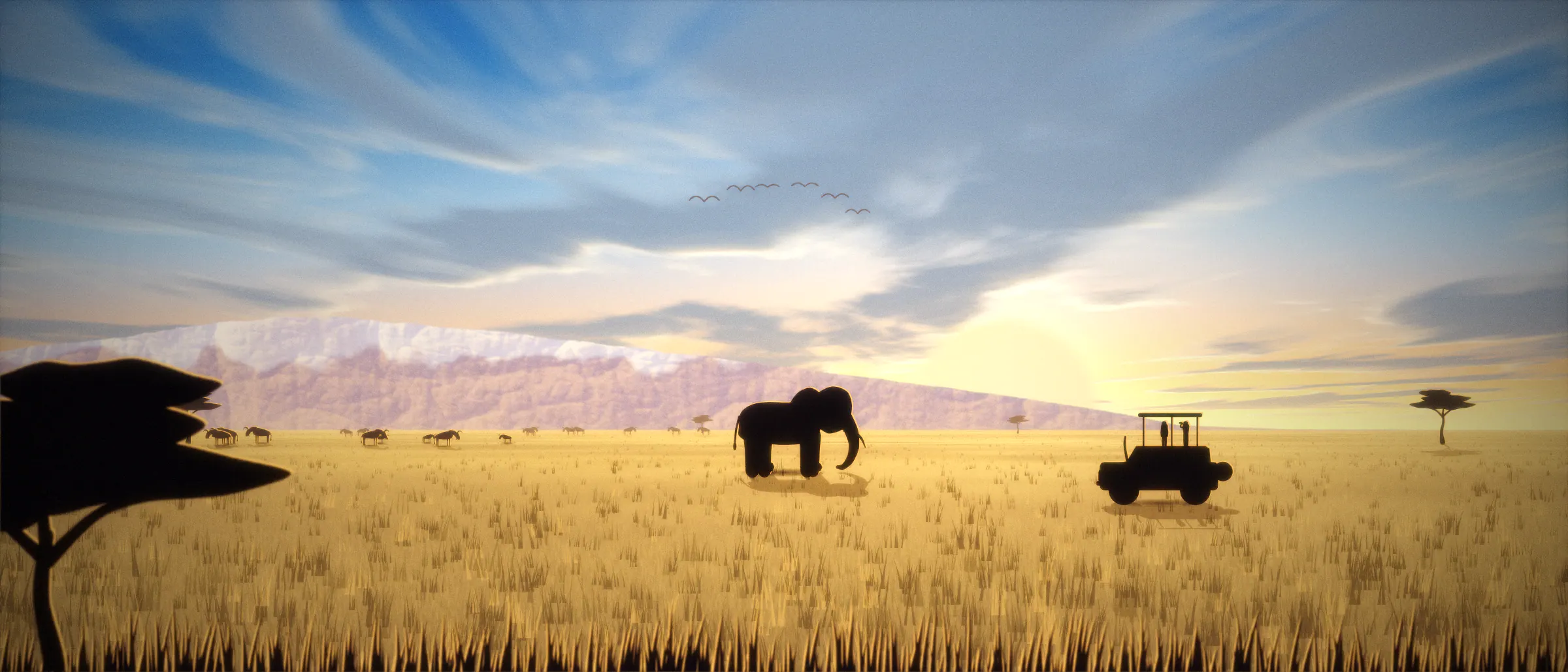 Illustration of a wide golden-hour panorama: Kilimanjaro on the left, a herd of wildebeest along the plain, an elephant, acacias and a safari vehicle in silhouette in front of a large sun.