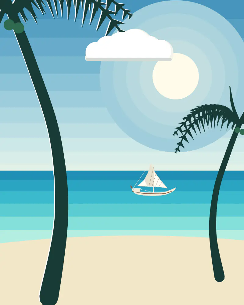 Illustration of a leaning coconut palm over white sand and turquoise water, with a small dhow on the horizon under a bright sun.