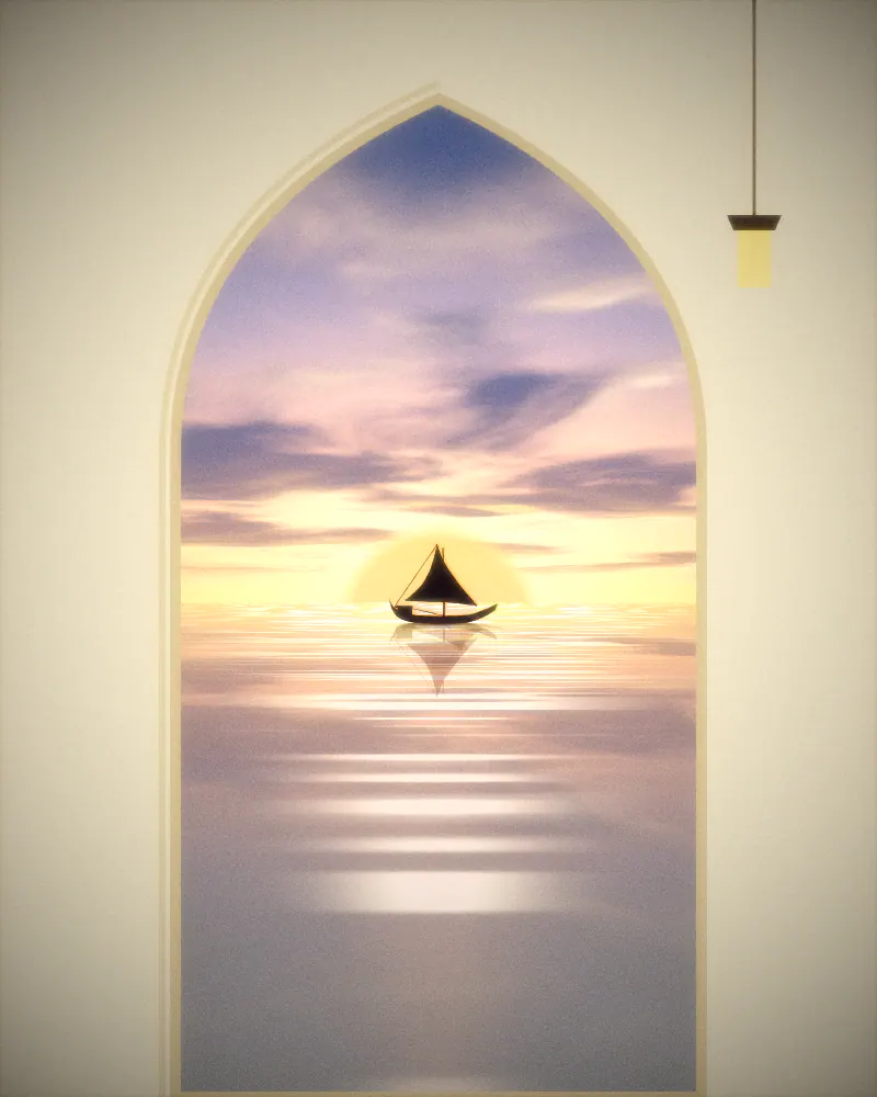 Illustration of a pointed cream coral-stone archway framing a dhow on a sunset sea, with a lantern hanging beside it.