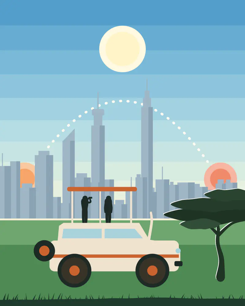 Illustration of three suns along a dotted arc from morning to evening above a city skyline and green grassland, with a small safari vehicle in front.