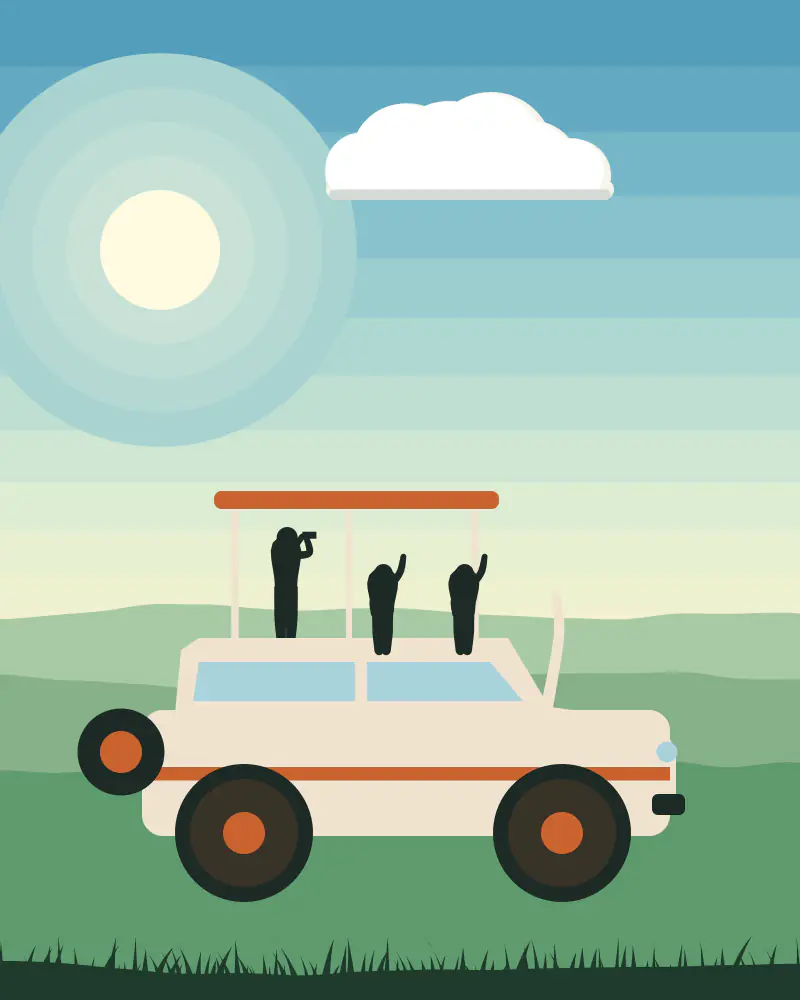 Illustration of a safari vehicle on a green plain with two small children waving from the roof, a bright sun and big clouds above.