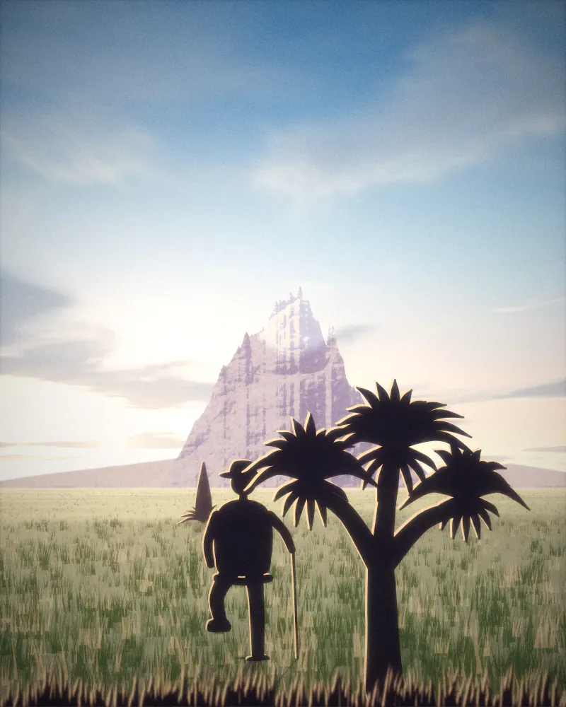 Illustration of a hiker with a backpack and walking pole seen from behind, below the snow-streaked peaks of Mount Kenya, with a giant groundsel plant on the right.