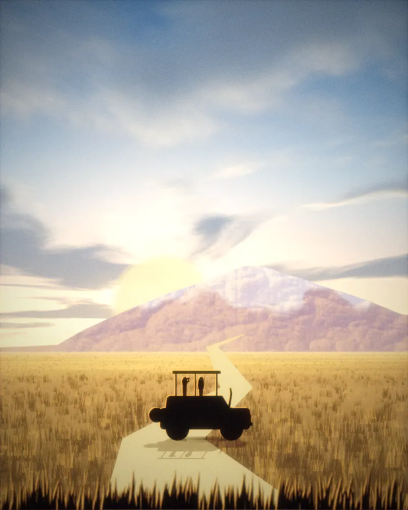 Illustration of a single safari vehicle on a winding golden road heading toward a snow-capped mountain beneath a large sun, with an acacia in the foreground.