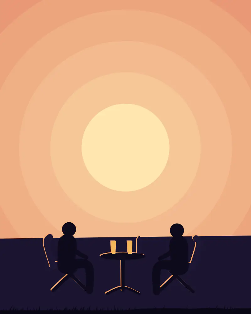 Illustration of two figures seated in camp chairs either side of a small table with glasses, in silhouette against a very large setting sun.