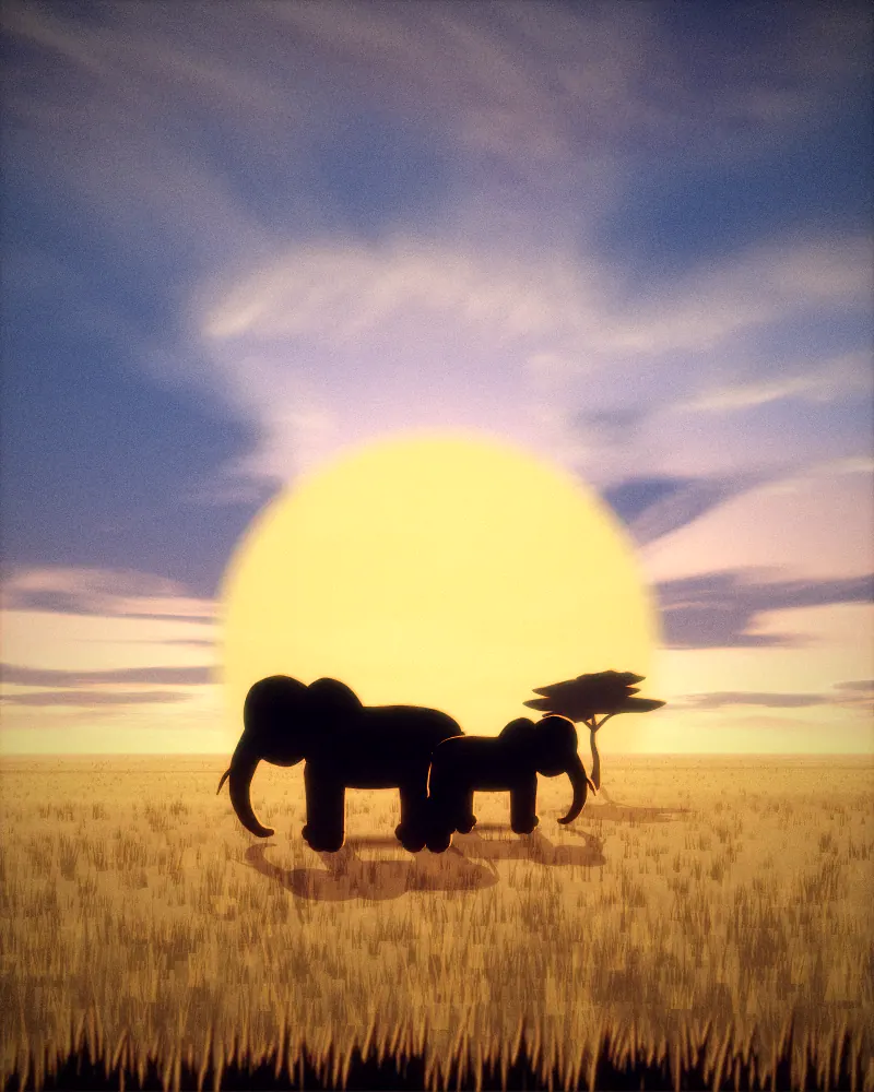 Illustration of two elephants in silhouette in front of an enormous golden sun, with a small acacia on the right.