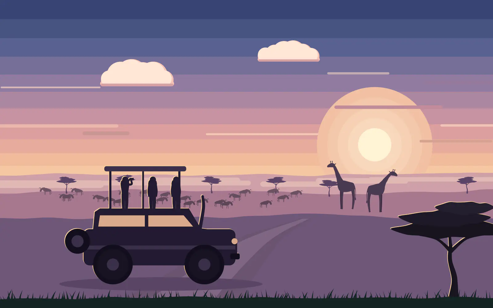 Illustration of a safari vehicle with passengers on a track at dawn, wildebeest grazing on the plain and two giraffes in the distance under a pink and violet sky.
