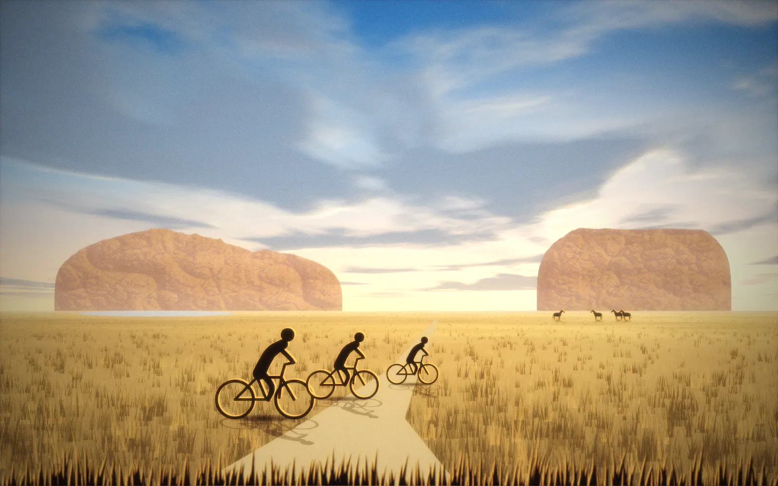 Illustration of three cyclists riding along a dirt track across open grassland toward red cliffs and a rock tower, with a pale lake and zebra in the distance.