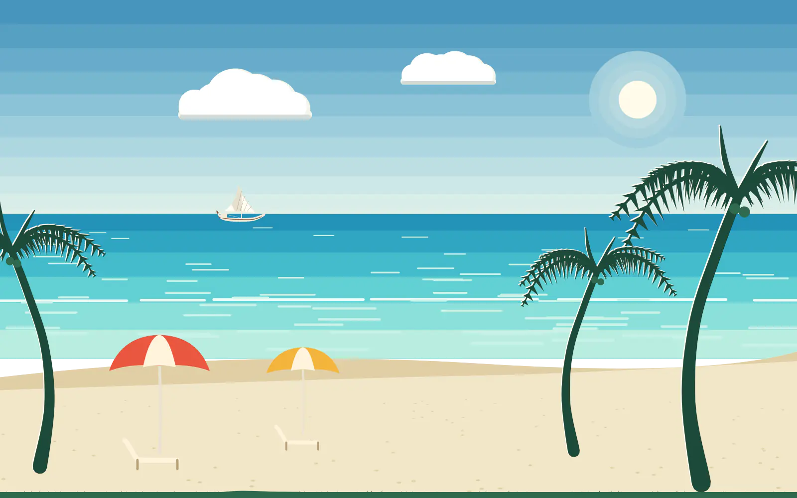 Illustration of a white-sand beach with two umbrellas and loungers, coconut palms, turquoise water and a dhow on the horizon under a bright blue sky.