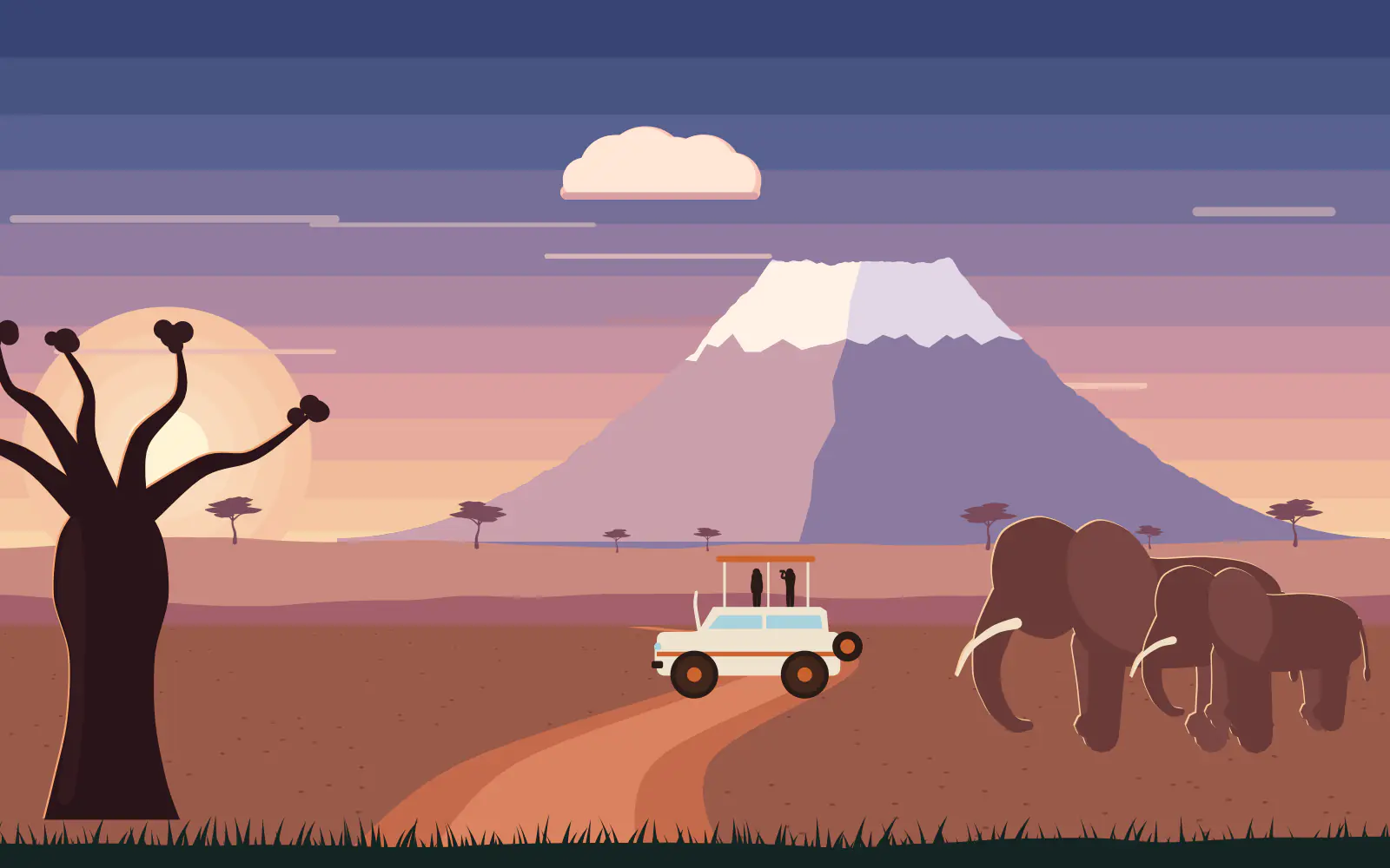 Illustration of a safari vehicle on a winding red dirt road across the plain towards a snow-capped Kilimanjaro, with two red-dusted elephants and a baobab at the roadside.