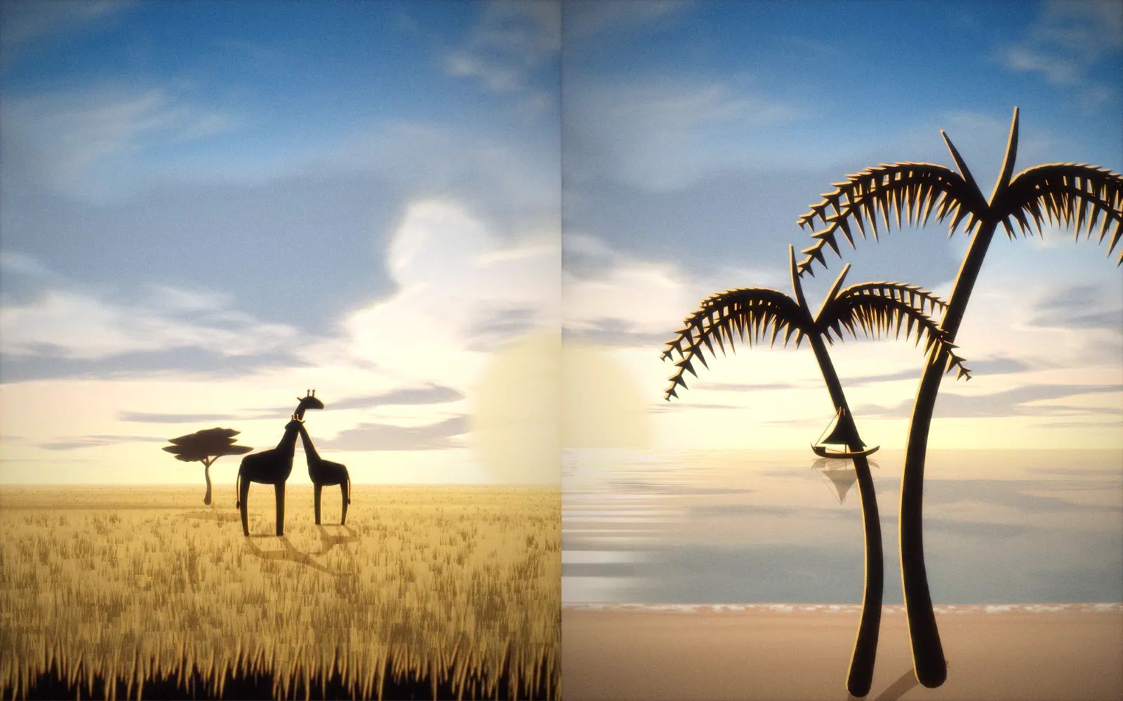 Illustration of a scene split down the middle: giraffes and an acacia on the savanna to the left, palms and a dhow on the sea to the right, under one large golden sun.